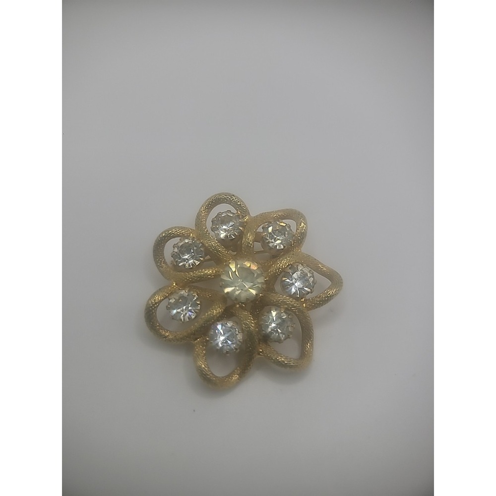 Vintage Gold Tone Rope Brooch Prong Clear Stone Womens Flower Jewelry‎ Costume